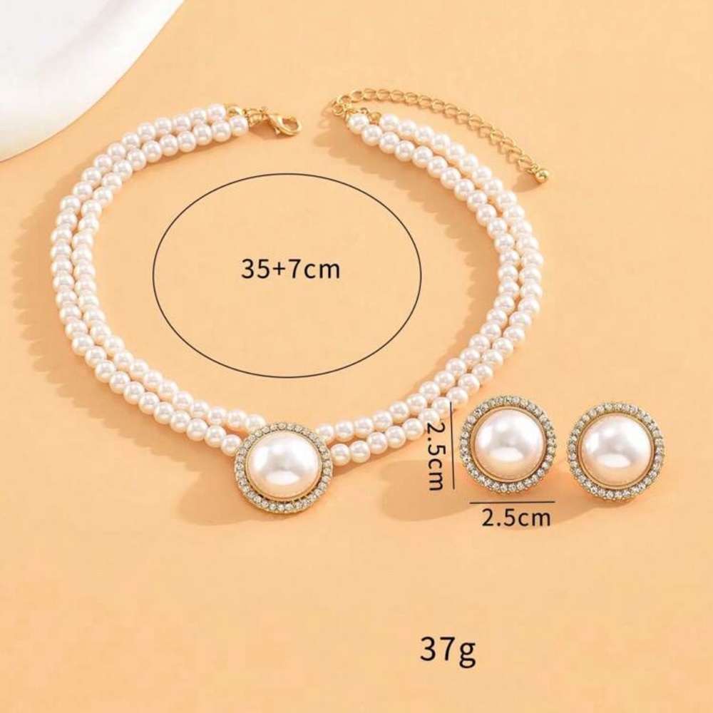 1pc Round Pearl Necklace And 1pair Geometric Round Pearl Earrings 2pcs Jewelry - Picture 3 of 3